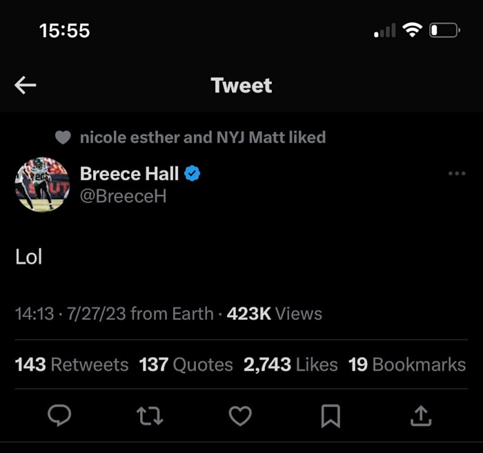 Breece Hall Tweet on July 27